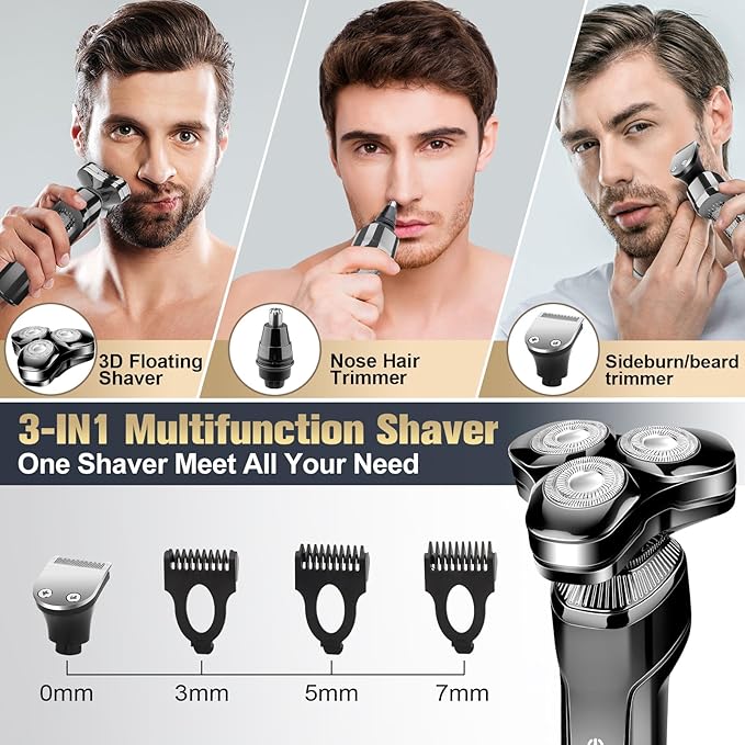 Men's Electric Razor, Upgraded 4D Floating Magnetic Blade Head Rotary Shaver, 3-in-1 Multifunctional for Beard/Nose/Sideburns, IPX7 Waterproof Rechargeable Cordless Shaver, Turbo Speed, Gift for Men