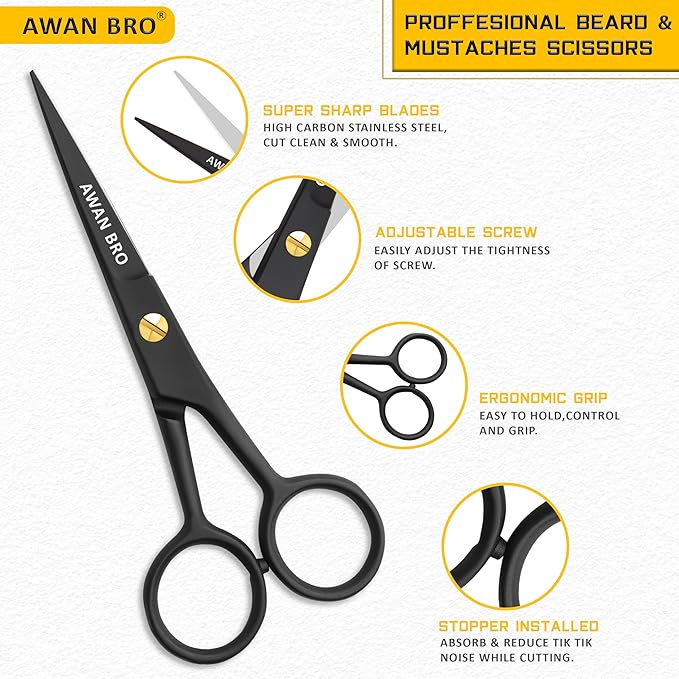 5" Professional Beard & Mustache Scissors Set with Beard Comb & Mustache Comb – Precision Grooming Beard Scissors for All type of Facial Hair, Perfect Beard Hair Scissors Kit with Travel Pouch