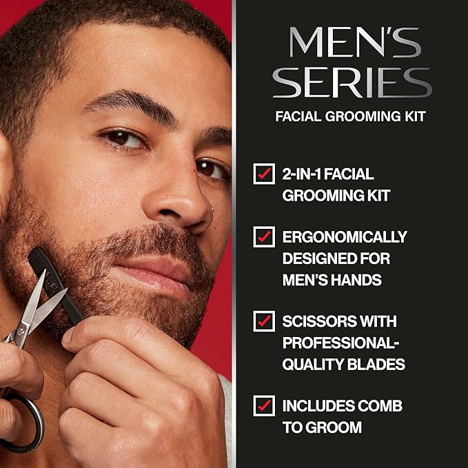 Revlon Men's Beard Grooming Kit, Mustache Trimming Scissors and Facial Hair Comb, Travel Essentials, Stainless Steel Blade, 1 pack