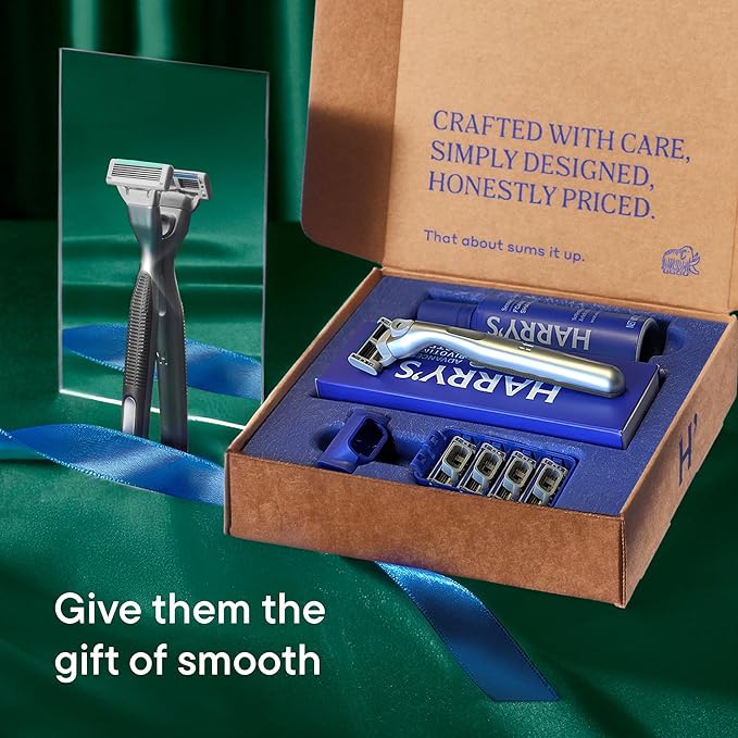 HARRY'S PLUS: Shaving Kit for Men - Gift Box with Premium Handle, 5 Razor Blade Cartridges, 2 oz Foaming Shave Gel & Travel Cover, Advanced Pivoting System - Clay