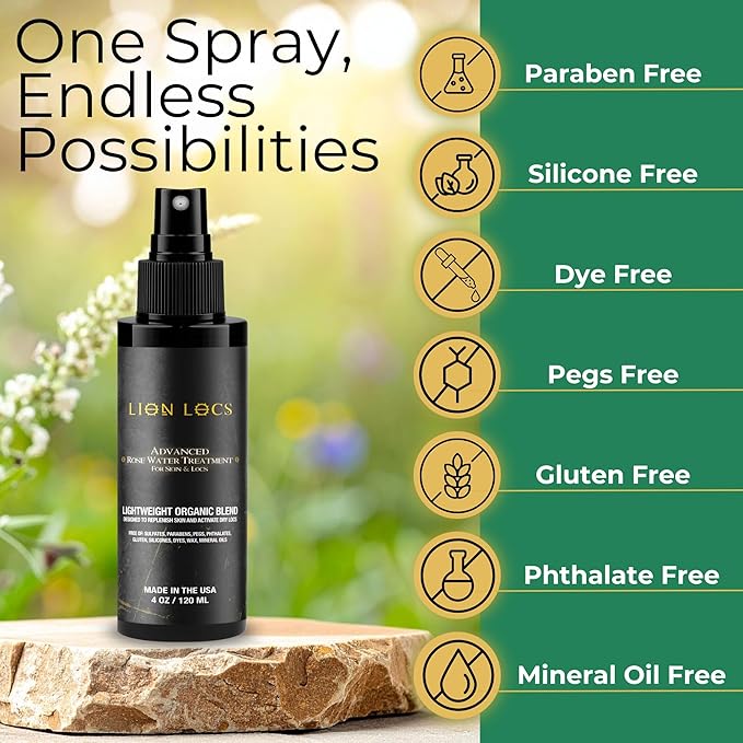 Lion Locs Rosewater Moisturizing Spray for Locs and Skin | Organic Vegan Conditioner Rose Water for All Hair Types.