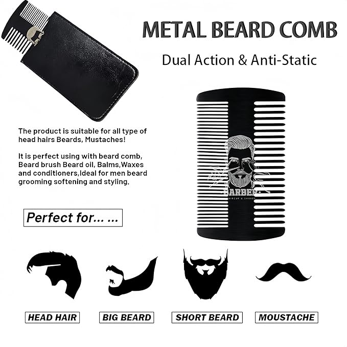 Metal Beard & Mustache Comb for Men - Anti-Static Dual Action - Credit Card Size Stainless Steel EDC Comb, Lice Wallet Pocket, Fine Cutting Teasing Barber Hair Styling - Black