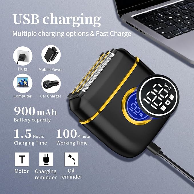 HIENA PRO Men's Electric Foil Shaver - USB-C Rechargeable, IPX7 Waterproof, Pocket-Sized with LED Display for Travel & Home (Black Gold)