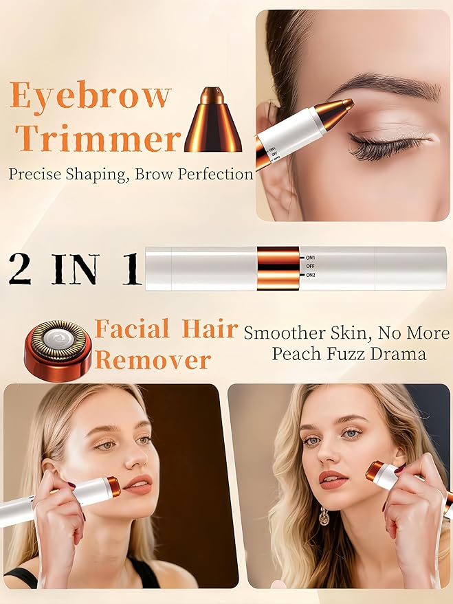 2-in-1 Painless Eyebrow Trimmer & Flawless Facial Hair Remover for Women - Gentle Dual Head Design for Brows, Lip, Chin, Cheeks - Rechargeable Type-C(White)