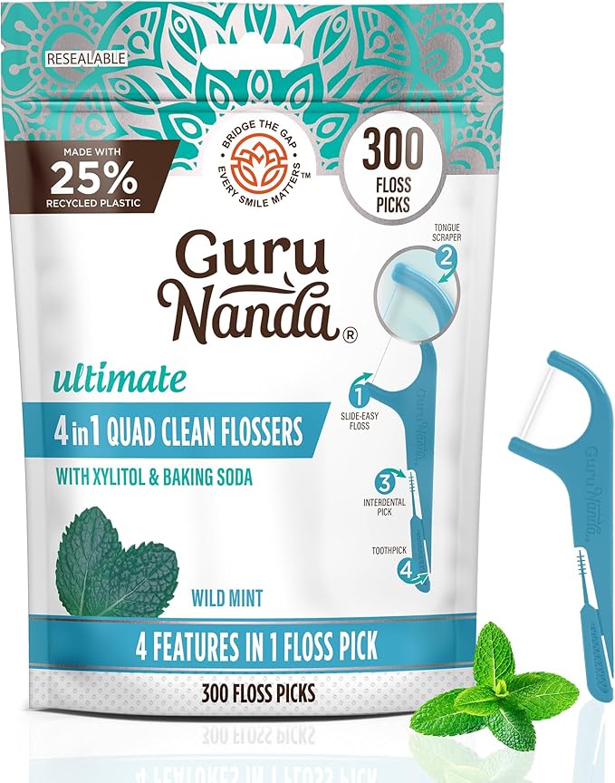 GuruNanda Quad Clean Floss Picks 4-in-1 with Tongue Scraper, Interdental Pik & Toothpick, Non-Shred Dyneema Thread, with Xylitol & Baking Soda, 300 ct
