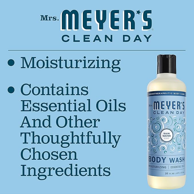 MRS. MEYER'S CLEAN DAY Moisturizing Body Wash for Women and Men, Shower Gel Formula Made with Essential Oils, Rain Water, 16 oz