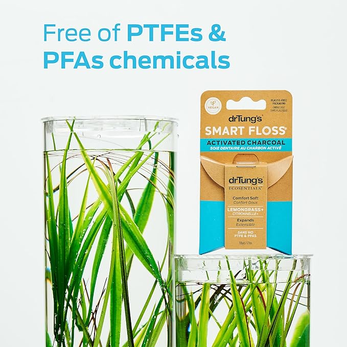 DrTung's Vegan Activated Charcoal Floss - Natural Floss, PTFE & PFAS Free, Gentle on Gums, Expands & Stretches, BPA Free- Natural Dental Floss Lemongrass Flavor (Pack of 6)