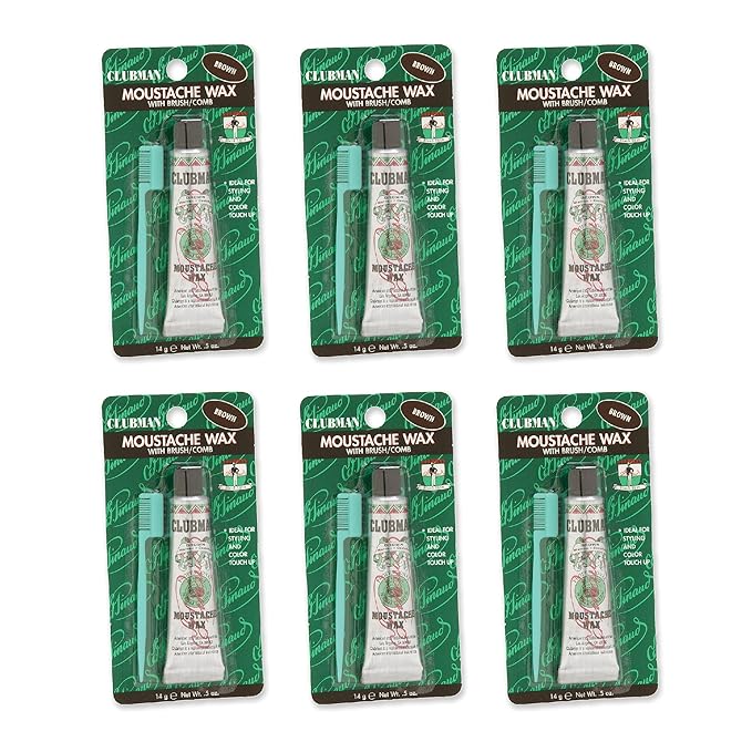 Clubman Pinaud Moustache Wax with Comb Applicator, For Styling & Color Enhancement, Brown, 0.5-Ounce (Pack of 6)