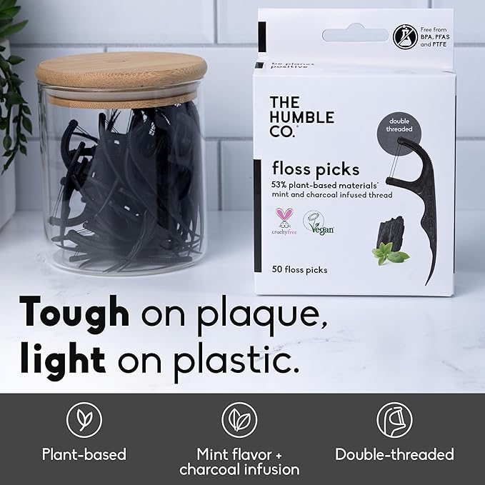 The Humble Co. Floss Picks (200 Count) – Plant Based Dental Floss Picks for Superior Oral Care, Dental Hygiene, and Gum Health, Cruelty Free Tooth Floss Picks (Charcoal, Double Thread)