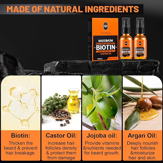 Beard Oil,Maximun Thickening Biotin, with Castor Oil and Argan & Jojoba Oils, Promotes Beard Growth, Styles, Strengthens & Softens Beards & Mustaches,1 Ounce*2（2 Pack）