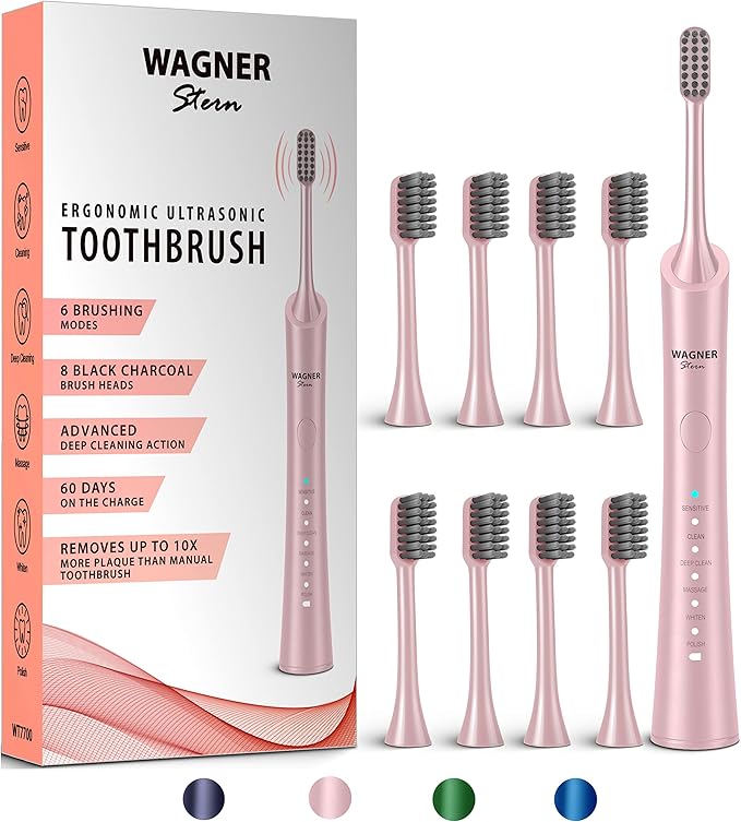 Wagner Stern ultrasonic whitening Electric Toothbrush with 8 Charcoal Black Brush Heads. for Fresh Breath & Healthy Smile. (Pink)