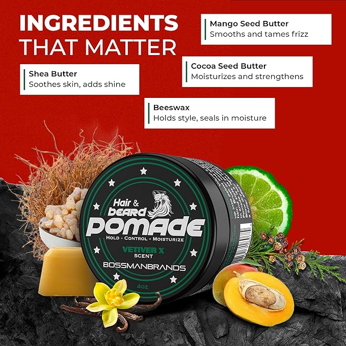 Bossman Natural Hair & Beard Pomade for Men (Vetiver X Scent) – Medium Hold & Moisturizing for Hair, Beard & Mustache Styling – Made in USA
