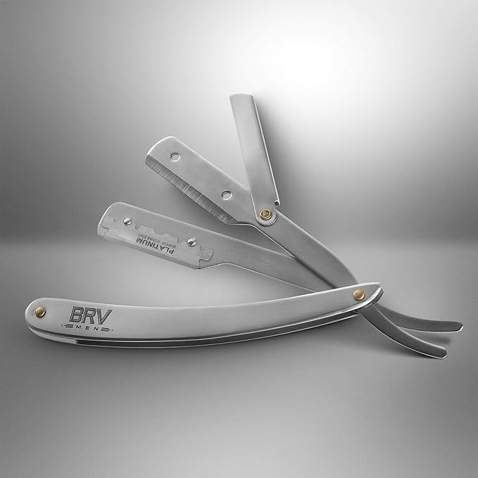 BRV MEN Professional Straight Edge Barber Razor w/ 100 Single Edge Razor Blades | Straight Razors for Men | Barbershop Accessories | Mens Shaving Knife & Shavette - Silver