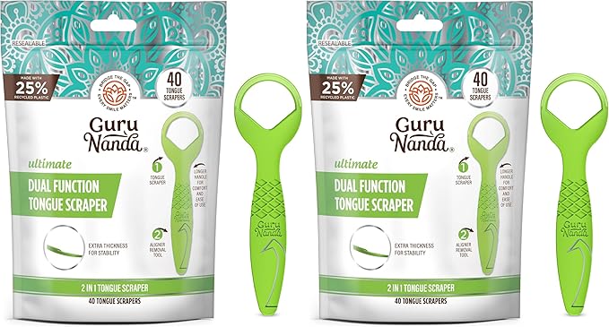 GuruNanda Disposable Tongue Scraper for Adults & Kids, Aligner Removal Tool (40 Ct) Dual-Function, BPA & PFAS-Free, Recyclable, Travel-Friendly, Promotes Fresh Breath, Easy to Use