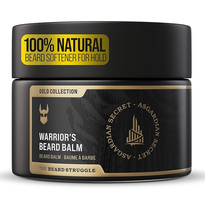 The Beard Struggle Warrior’s Beard Balm - Gold Collection, Asgardian Secret - Non-Greasy Low-Hold Formula, Luxurious Cologne-Grade Fragrances 100% Natural and Plant-Based Ingredients - 50g