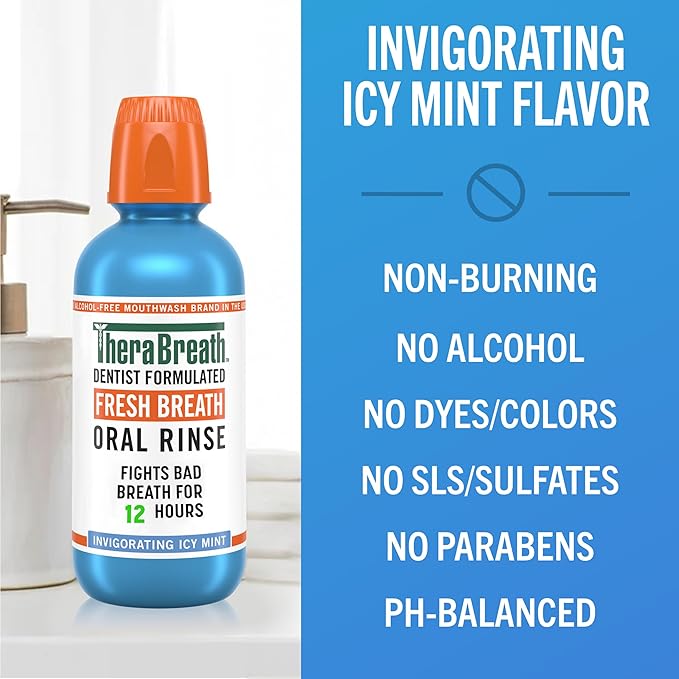 TheraBreath Fresh Breath Oral Rinse, Invigorating ICY Mint Flavor, Dentist Formulated and ADA-Accepted Mouthwash for Bad Breath pH-Balanced, Alcohol Free & Non-Burning, 1 Liter, (Pack of 2)