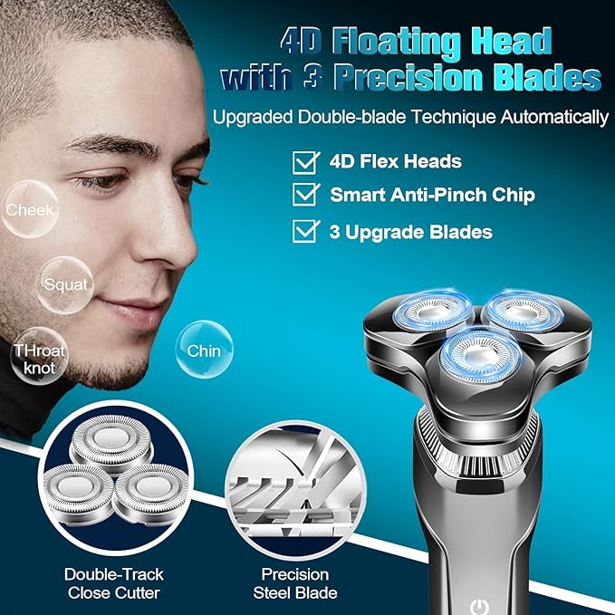 Men's Electric Razor, Upgraded 4D Floating Magnetic Blade Head Rotary Shaver, 3-in-1 Multifunctional for Beard/Nose/Sideburns, IPX7 Waterproof Rechargeable Cordless Shaver, Turbo Speed, Gift for Men