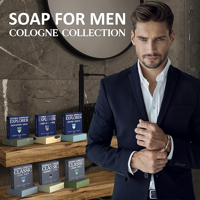 NATURAL AMERICAN Men’s Bar Soap – Mens Cologne Scents, 100% All Natural, Essential Oils, Organic Shea Butter, No Harmful Chemicals – (6pk) Soap for a Man - USA Handmade – 5 oz