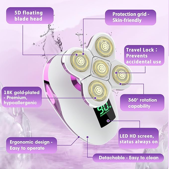 Electric Razors for Women Legs 5D:Magnetic Shaver Heads Waterproof Rechargeable Shaver Multi-Use for Hair Removal on Legs Bikini Body-Purple