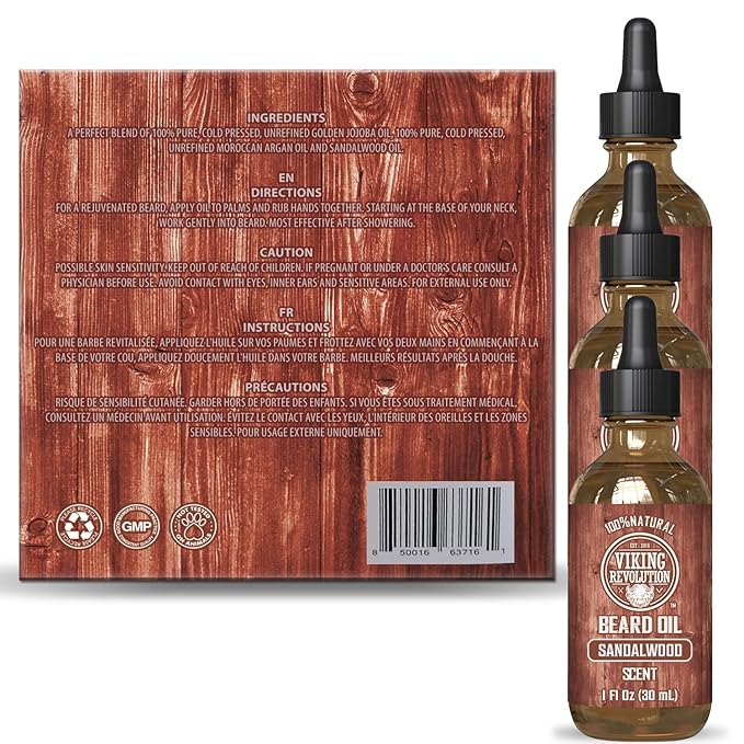 Viking Revolution Sandalwood Beard Oil for Men - Natural Mens Beard Oil with Argan Oil and Jojoba Oil - Beard Softener, Strengthens and Moisturizes - Beard Conditioner for Men (Sandalwood, 3 Pack)
