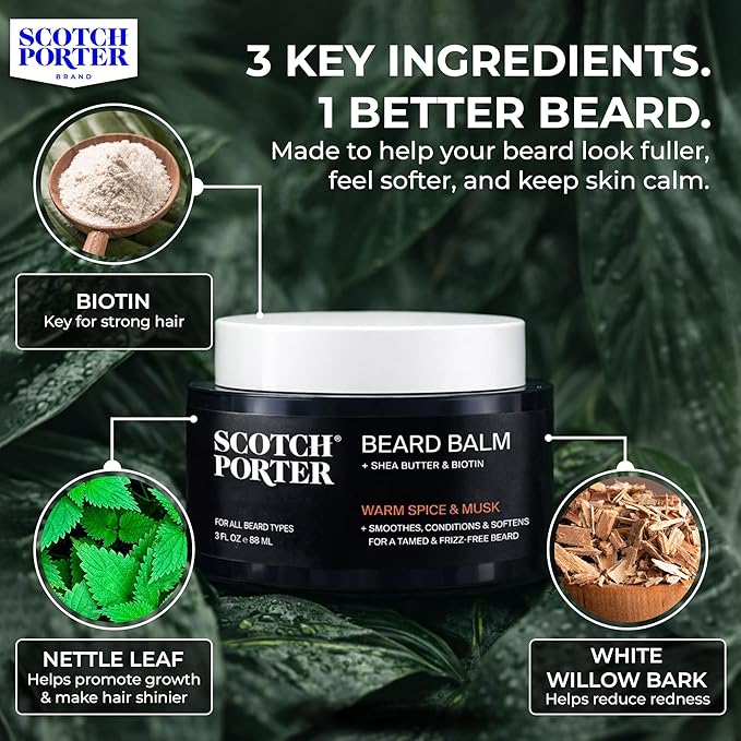 Scotch Porter Conditioning Beard Balm – Smooth, Shape, Moisturize & Soften Coarse, Dry Facial Hair while Encouraging Growth for a Fuller/Healthier-Looking Beard – Original Scent, 3 oz. Jar
