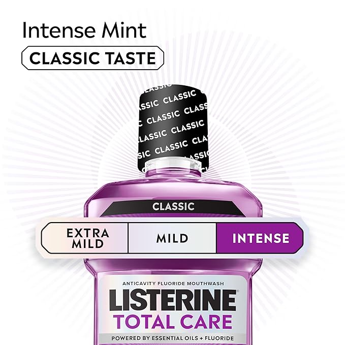 Listerine Total Care Intense Anticavity Fluoride Mouthwash, 6 Benefits in 1 Oral Rinse Helps Kill 99% of Bad Breath Germs, Prevents Cavities, Provides 360 Clean*, ADA-Accepted, Intense Mint, 250 mL