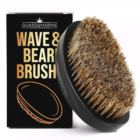 GUARD&MARINE Wave & Beard Brush for Men – Natural Boar Bristles, Palm Curve Design, Wood Handle – Shapes 360 Waves & Softens Beard