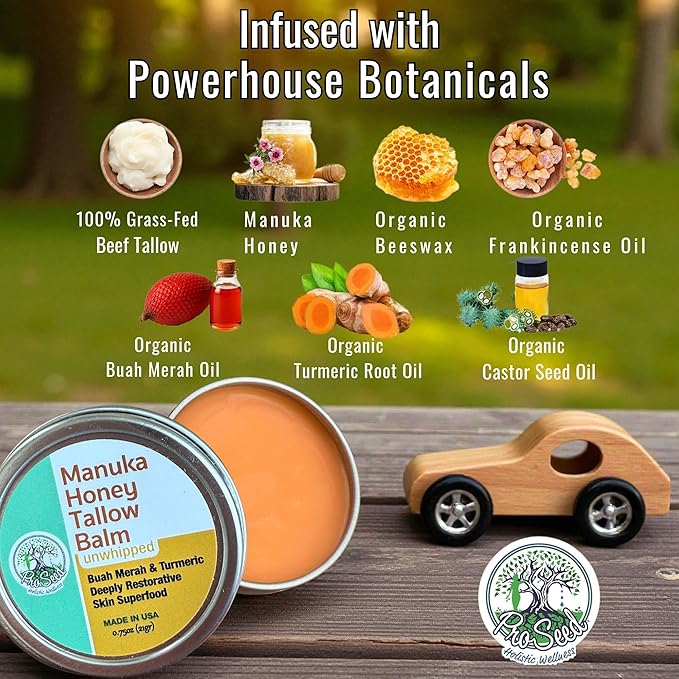 ProSeed Manuka Honey Unwhipped Tallow Balm – Handmade Grass-Fed Beef Moisturizer with Frankincense, Vitamin E, Castor, Buah Merah & Turmeric – Face & Body Cream for Men, Women & Kids – Travel Size