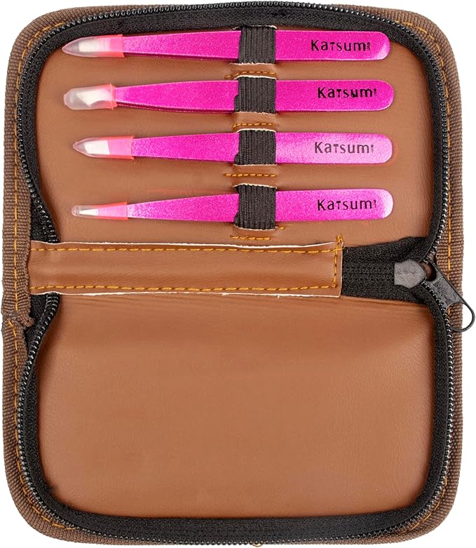 Katsumi Pinnacle 4-Piece Tweezers Set – Precision Stainless Steel Tweezers for Eyebrows, Facial Hair, Ingrown Hair, Splinters – Professional Beauty Kit Pink Gliiter