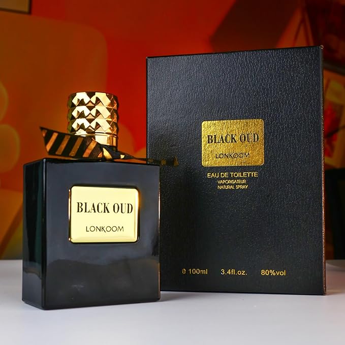 Lonkoom Black Oud Perfume for Men, Woody Eau De Parfum Spray Long-Lasting Fragrance, Notes of Lanvender Salvia Bergamot Chrysophoron Cocoa Pod Cardamom Patchouli Leather Vetiver