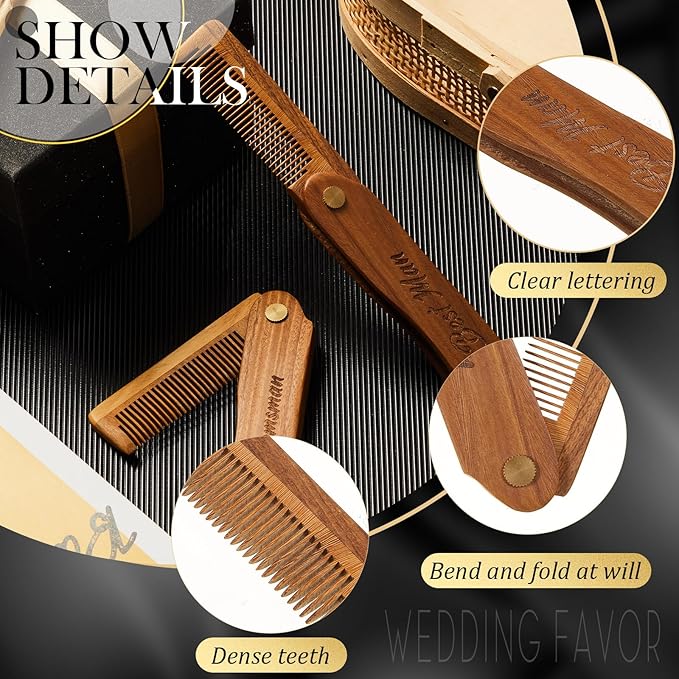 6 Pcs Groomsmen Gifts Folding Beard Comb for Men with Opener Groomsmen Gift Set of 6 Best Man Proposal Gift Combs Hair Mustache for Wedding Party Favor Grooming Detangling(Wooden,Wood Color)