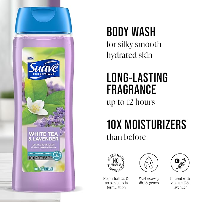 Suave Body Wash Variety 2-Pack, Ocean Breeze + White Tea & Lavender – Gentle Body Washes with Fresh Blend Oil Essence, 18 Oz Ea
