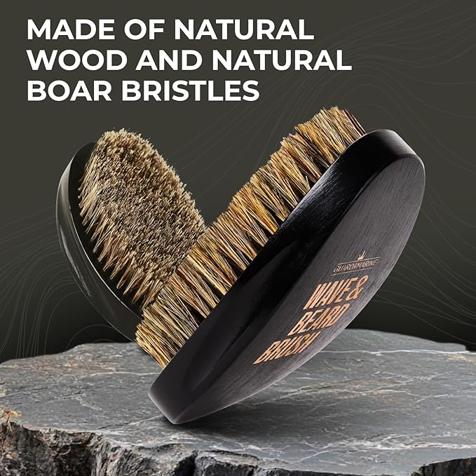 GUARD&MARINE Wave & Beard Brush for Men – Natural Boar Bristles, Palm Curve Design, Wood Handle – Shapes 360 Waves & Softens Beard