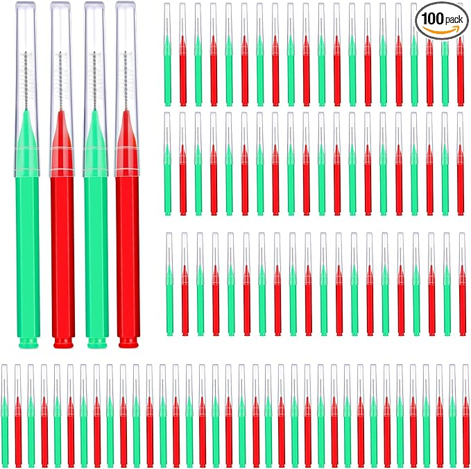 Patelai 100 Pieces Braces Brush for Cleaner Interdental Brush Toothpick Dental Tooth Flossing Head Oral Dental Hygiene Flosser Toothpick Cleaners Tooth Tool(Green, Red,Proper Size)