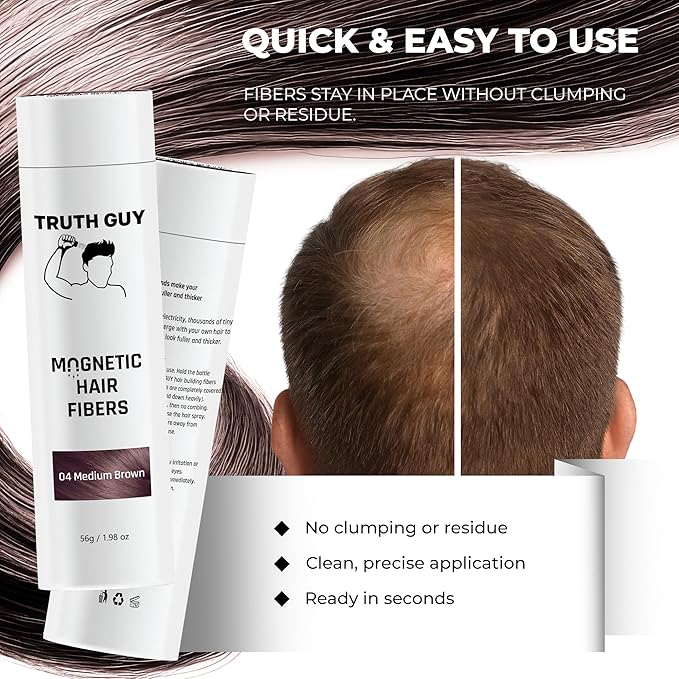 Truth Guy Magnetic Hair Building Fibers for Thinning Hair - Adds Volume & Thickness with Static Electricity Technology - Easy Application for Men & Women, Quick Results, Mess-Free. 2 oz. Medium Brown