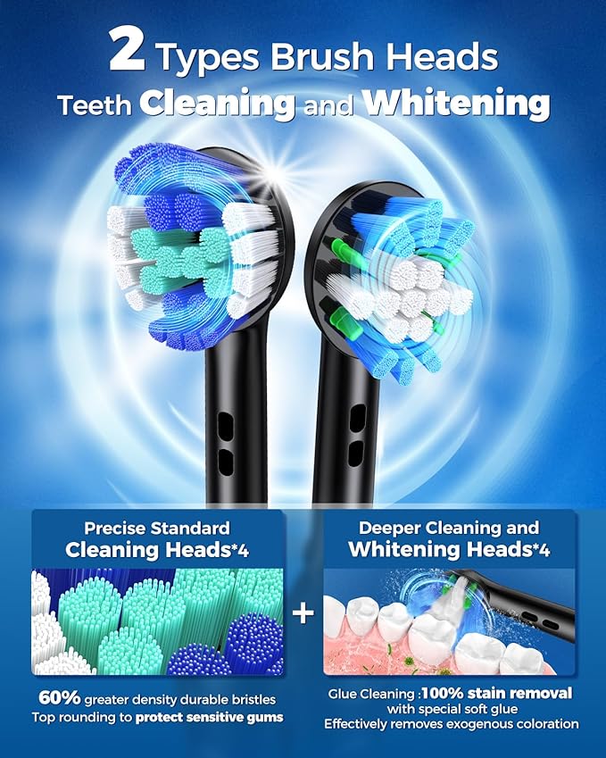 TEETHEORY Rotating Electric Toothbrush for Adults with 8 Brush Heads (2 Types), 4 Modes Deep Clean Electric Toothbrush with Rechargeable Power and 2 Min Smart Timer (1- Black, with travelcase)