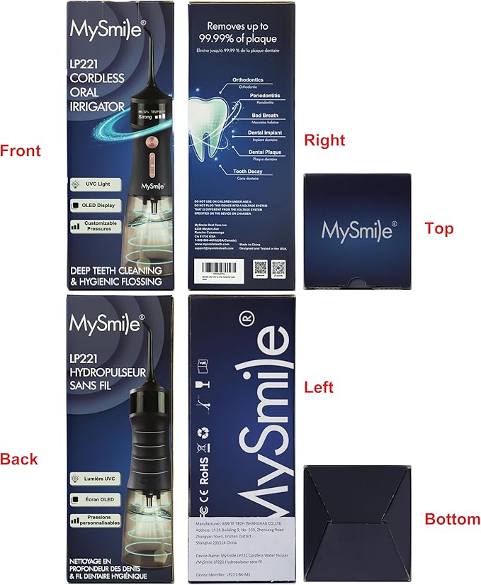 MySmile LP221 UVC Sterilizable Cordless Water Flossers for Teeth 335ML Portable OLED Display Dental Flosser with 4 Modes 8 Jet Tips and a Storage Pouch for Home and Travel (Midnight Black)