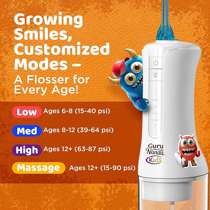GuruNanda Kids Water Dental Flosser - 4 Flossing Modes, 4 Nozzles, 2-Min Smart Timer, Ages 6+, Monster Frens Theme, Portable Oral Care for Kids