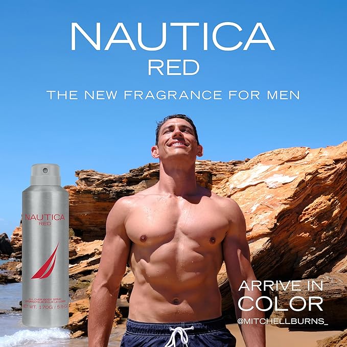 Nautica Color Red Deodorizing Body Spray for Men, Aromatic Fougere Fragrance, Notes of Black Pepper, Lavender and Rosemary, 6.0oz