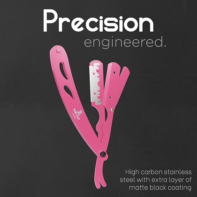 The Cut- Factory- Straight Razor with 20 Pack Platinum Treat Single Blade Razors for Men- Professional Barber Straight Edge Razor for Close Shaving 100 Percent Stainless Steel, Pink
