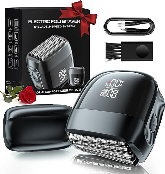 Electric Foil Shaver for Men: 5-Blade System, IPX8 Waterproof, LED Display with 2 Speeds, USB-C Fast Charge, Magnetic Guard & Brush, Travel Lock,Valentines Day Gifts for him, Gray
