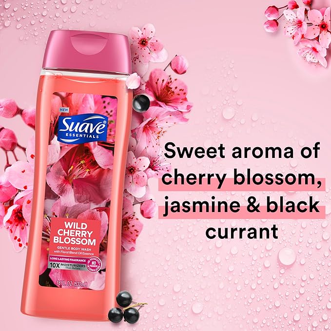 Suave Moisturizing Body Wash, with Wild Cherry Blossom and Vitamin E Extract, No Parabens, No Phtahaltes, 18 Oz Pack of 12