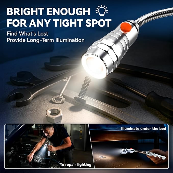 VIBELITE Extendable Magnetic Flashlight with Telescoping Magnet Pickup Tool- Cool Gadget Valentines Day Gifts for Him, Men, Teen Boys, Husband, Dad, Father, Mechanic, Women, Silver