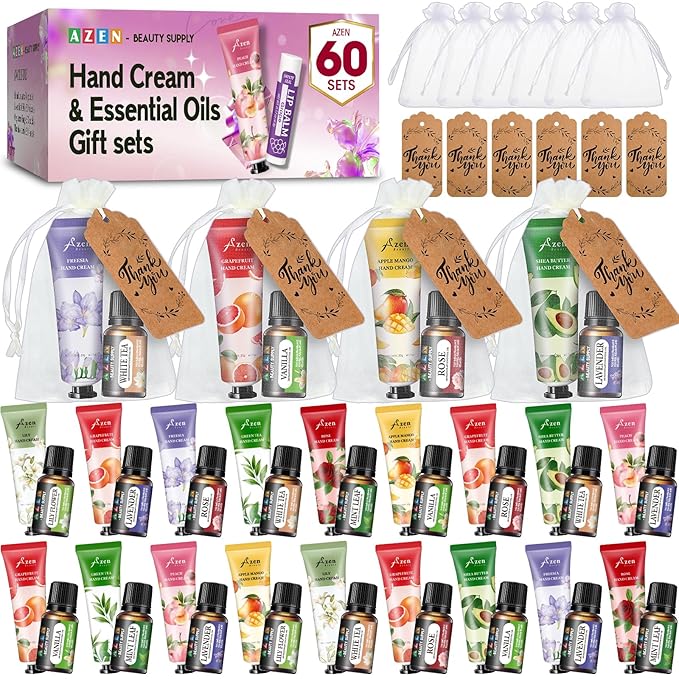 AZEN 60 Sets Bulk Gifts, Hand Cream and Essential Oils Bulk Set with Organza Bag Thank You Card, Baby Shower Wedding Gifts for Guests, Bridal Wedding Favors for Guests,Thank You Gift for Women