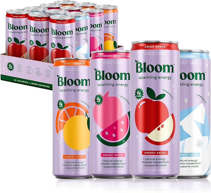 Bloom Nutrition Sparkling Energy Drink - Seasonal Faves Variety Pack - Natural Caffeine, Zero Sugar, 180mg Caffeine - Antioxidant-Rich with Green Coffee Bean, Green Tea Extract, Prebiotics - 12oz 12 Pack