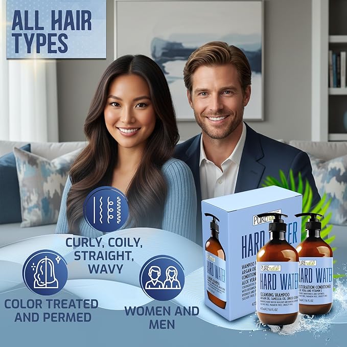 Hard Water Shampoo and Conditioner Set - Sulfate Free and Paraben Free Chelating Action - Moisturizing Professional Formula for Women and Men - Hydrating Swim Safe Formula - 16 Fl Oz (Set of 2)