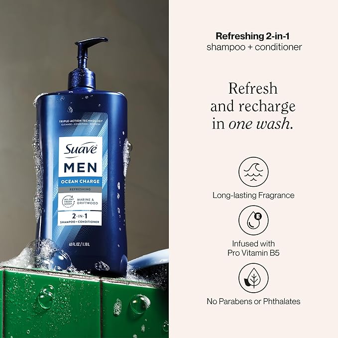 Suave Men Ocean Charge 2 in 1 Refreshing Shampoo & Conditioner with Pro Vitamin B5, Hydrates & Revitalizes Hair, Ocean Fresh Scent, 4 Count, 40 FL OZ Pump