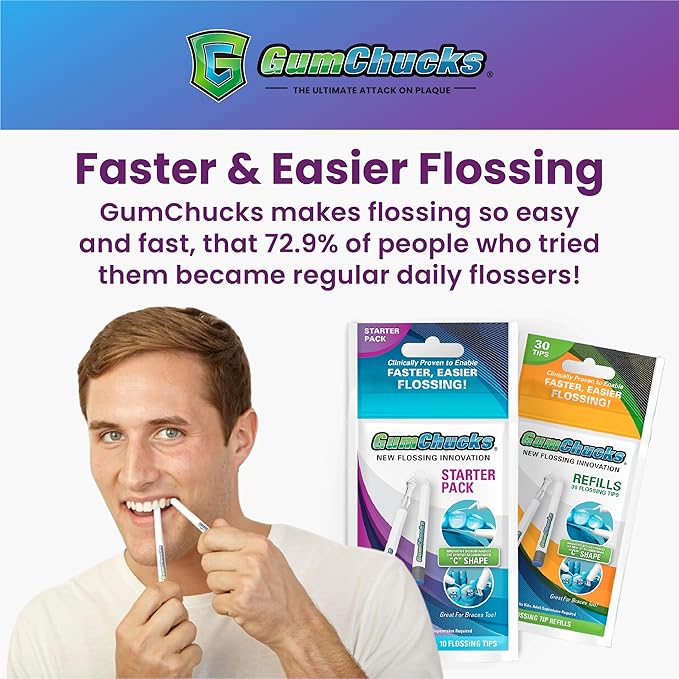 GumChucks Floss for Teeth - Flossing for Kids and Adults - Orthodontic Flossers for Braces - Dental Gum Floss Picks for All Ages (30 Flossing Tips)