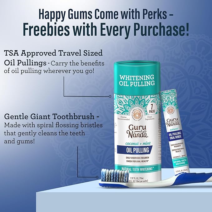 GuruNanda Gum Hygiene Makeover Kit with Ashwagandha & Cocomint (Travel Size) Oil Pulling, Neem Toothpaste, Breath Harmonizer Mouthwash, 2-in-1 Floss Picks & Whitening Toothbrushes