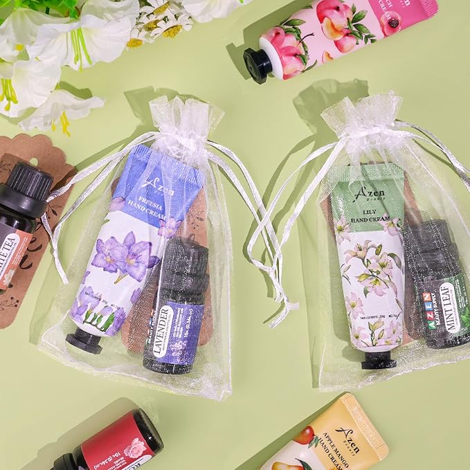 AZEN 60 Sets Bulk Gifts, Hand Cream and Essential Oils Bulk Set with Organza Bag Thank You Card, Baby Shower Wedding Gifts for Guests, Bridal Wedding Favors for Guests,Thank You Gift for Women